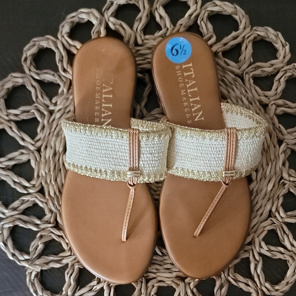 Italian Shoemakers Woven Cream and Tan Sandals